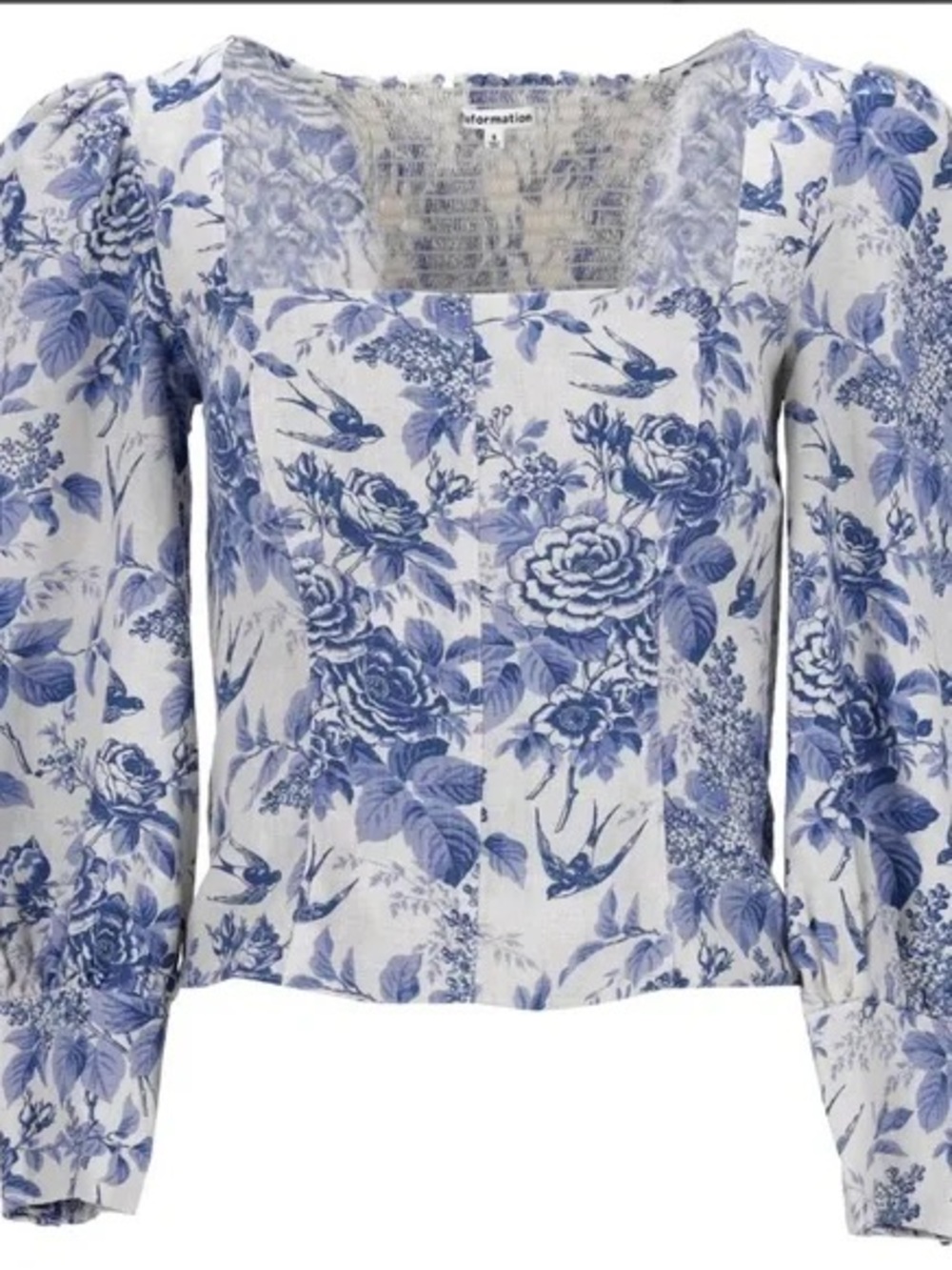 Reformation White Blue Floral Square-Neck Puff Sleeve Blouse 100% Linen NWOT